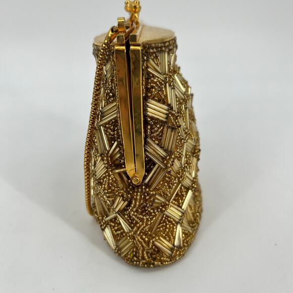 Vtg MCM Handmade Glass Beaded Hand Bag Mini Gold Clutch Kiss Lock Micro 50s 60s - Picture 5 of 10